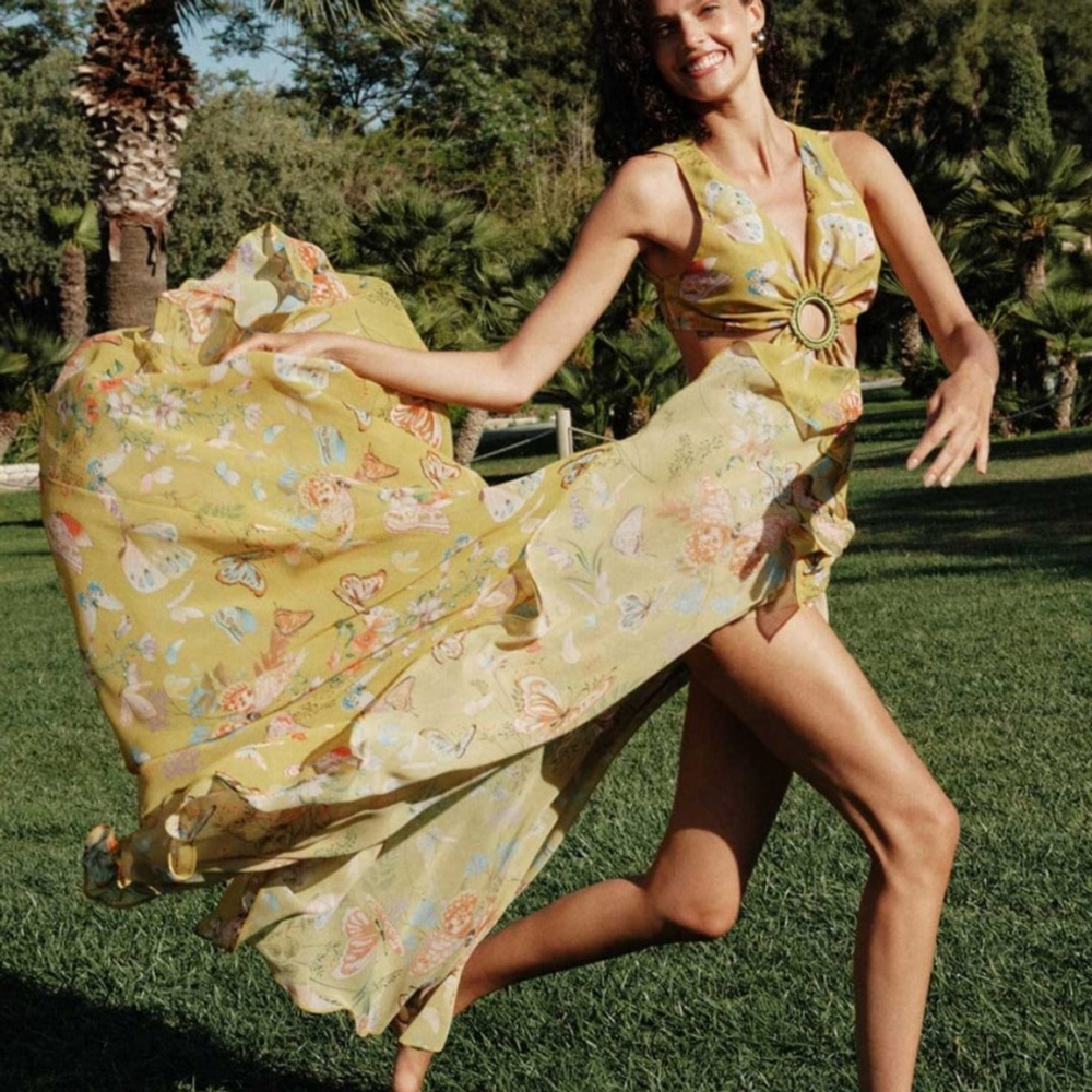 $595 MY BEACHY SIDE Begonia Cut-Out Dress in Yellow/Green NWT Medium